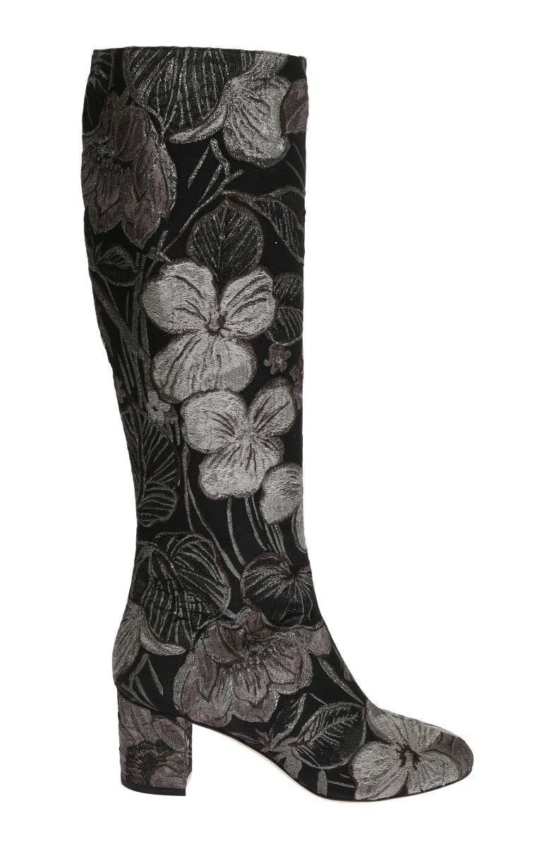 Black Silver Jacquard Floral Boots