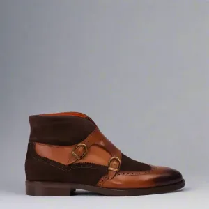 Brown Italian Leather Double Monkstrap Chukka Boots Shoes - Boots - Monk Shoes
