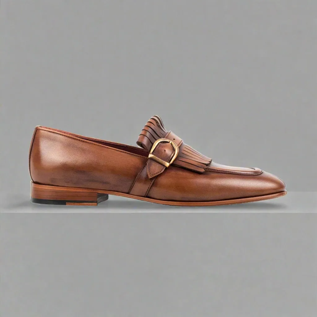 Brown  Italian Leather Lysandra Tassel Loafers With Monk Strap - Loafers Shoes