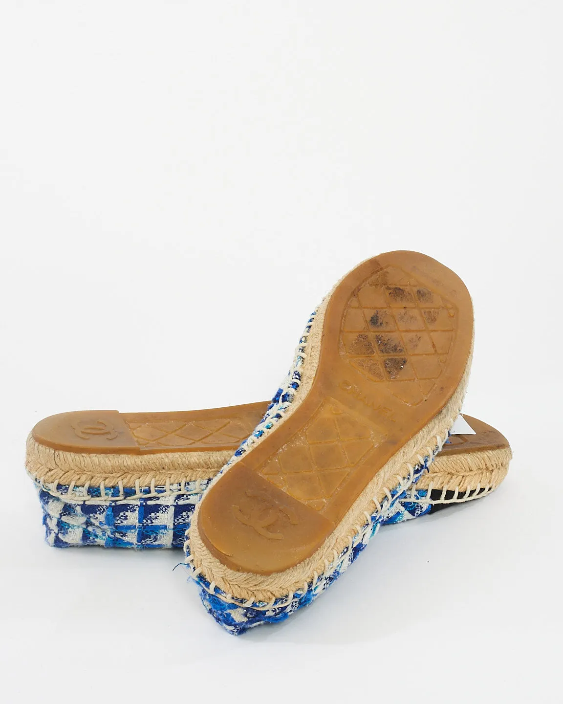 Chanel Blue Black & White Tweed Espadrilles - 38
