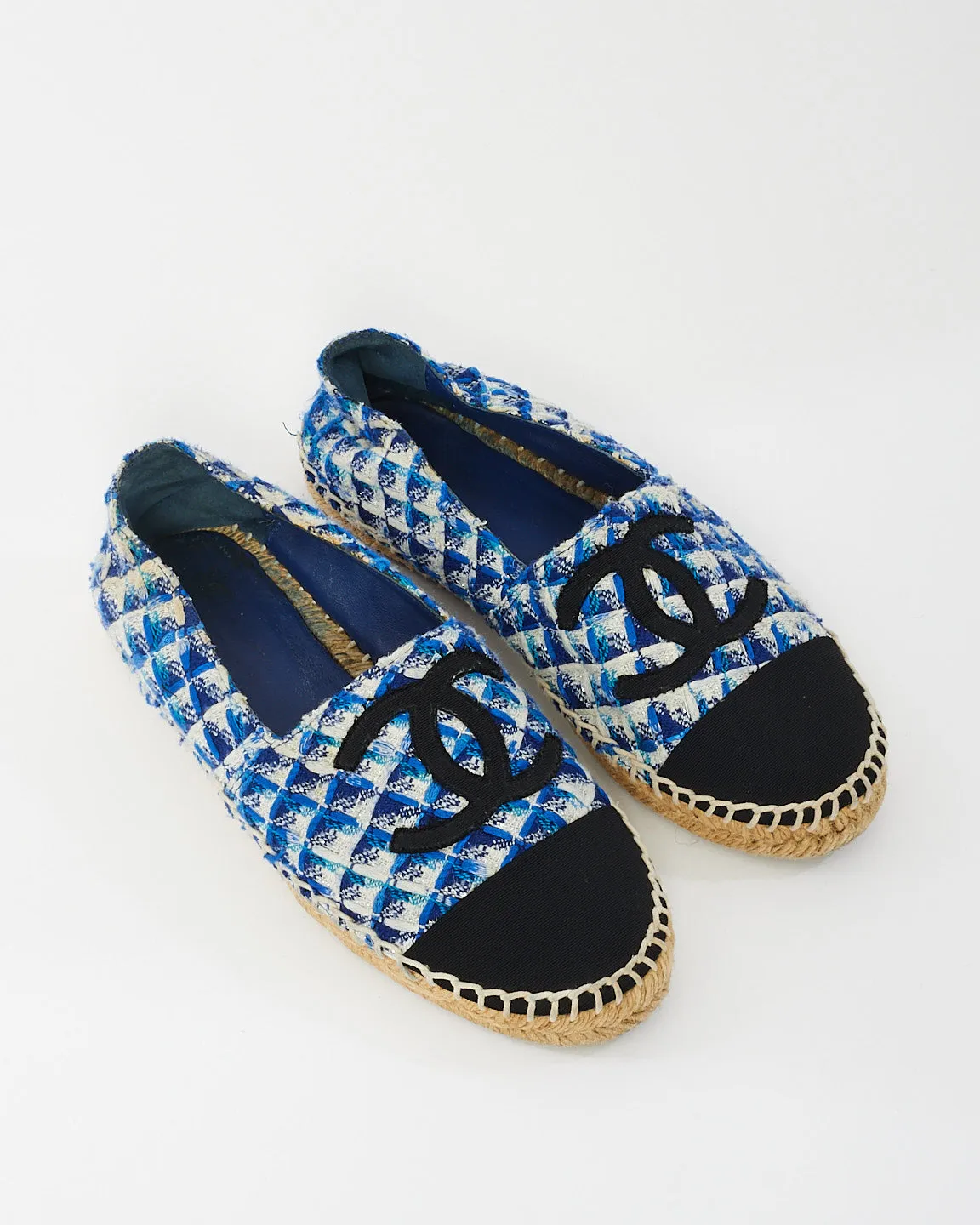 Chanel Blue Black & White Tweed Espadrilles - 38
