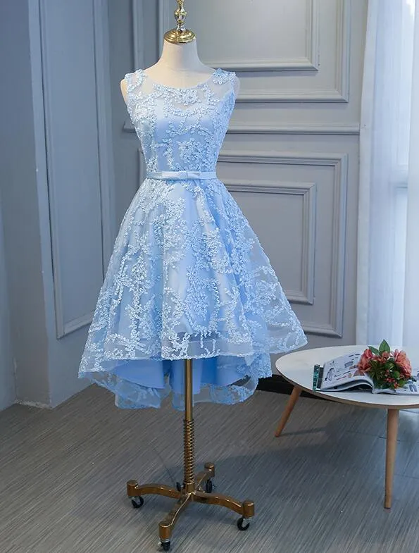 Charming Lace Round Neckline High Low Party Dress with Belt, Cute Party Dress