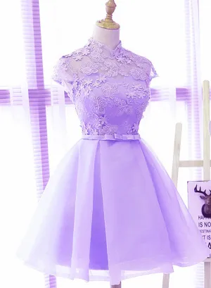 Cute High Neckline Lavender Short Graduation Dress, Short Prom Dress