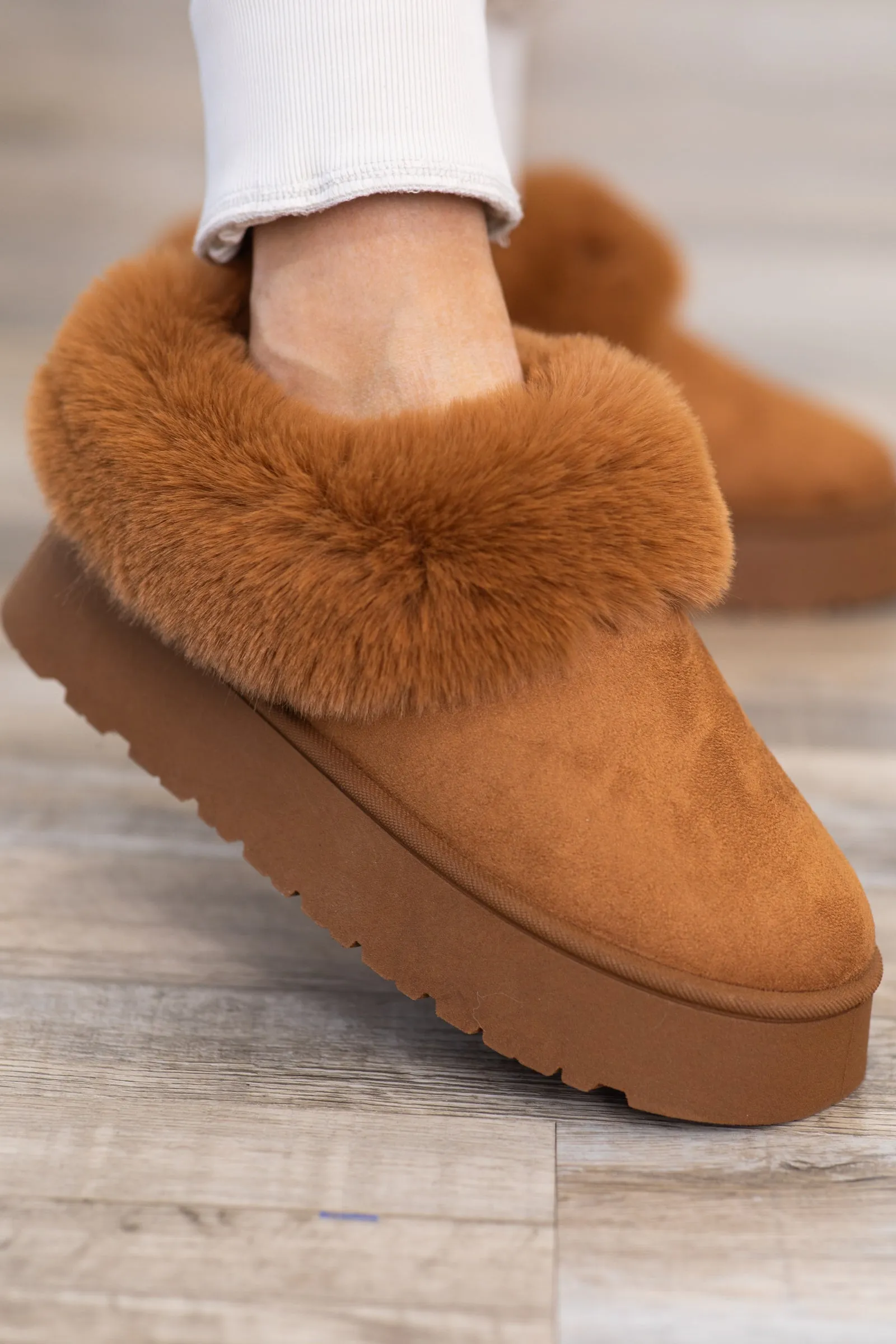 Dark Camel Faux Fur Lined Slip On Shoes