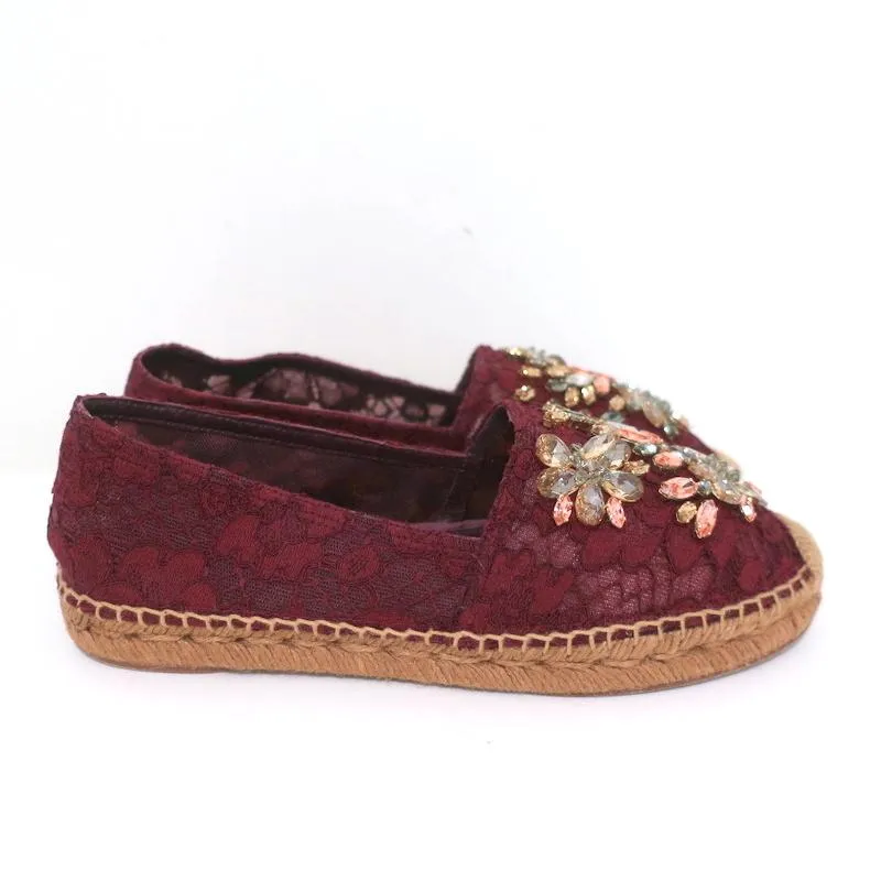 Dolce & Gabbana Crystal-Embellished Lace Espadrilles Bordeaux Size 37