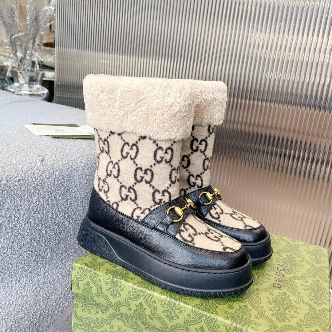 GG 1955 HORSEBIT SNOW BOOTS LEATHER AND SHEARLING IN BLACK BEIGE
