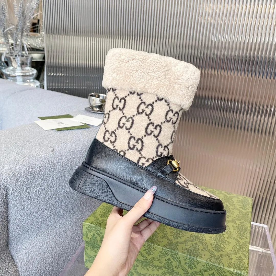 GG 1955 HORSEBIT SNOW BOOTS LEATHER AND SHEARLING IN BLACK BEIGE