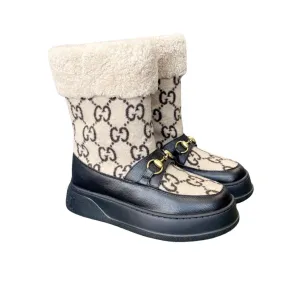 GG 1955 HORSEBIT SNOW BOOTS LEATHER AND SHEARLING IN BLACK BEIGE
