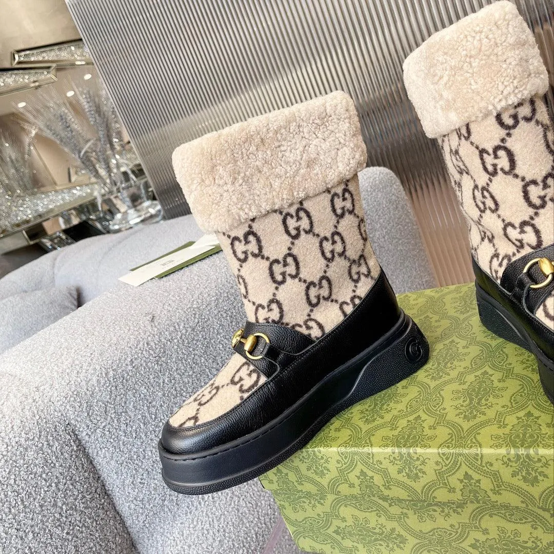 GG 1955 HORSEBIT SNOW BOOTS LEATHER AND SHEARLING IN BLACK BEIGE