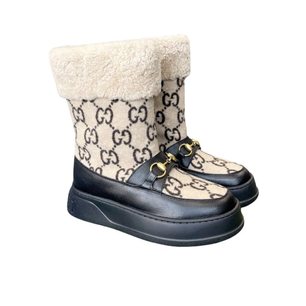 GG 1955 HORSEBIT SNOW BOOTS LEATHER AND SHEARLING IN BLACK BEIGE