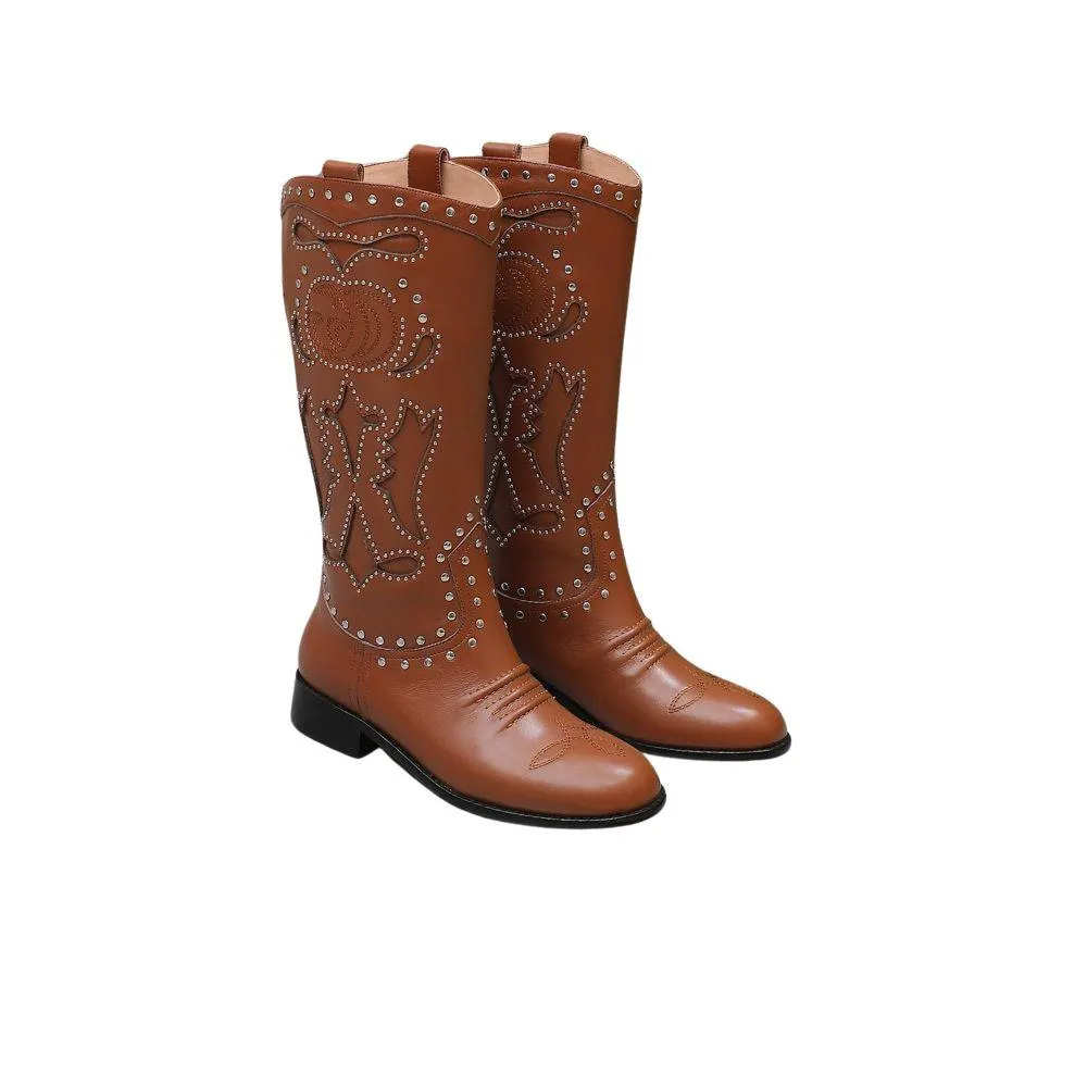 GG WOMEN'S BOOT WITH DOUBLE G AND STUDS BROWN