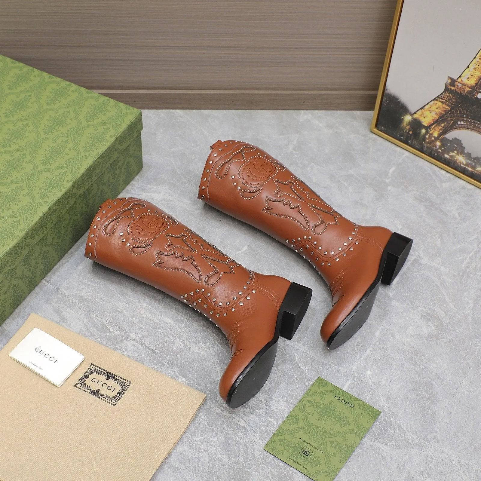 GG WOMEN'S BOOT WITH DOUBLE G AND STUDS BROWN