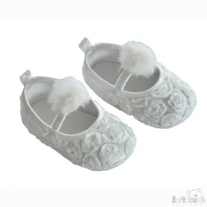 Girls Rose Flower Shoes W/Velcro Strap & Pom Pom: B2230-W