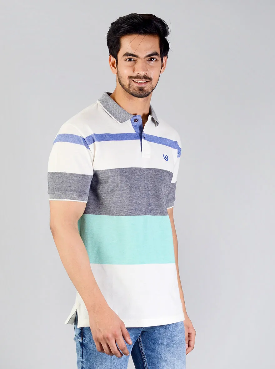 Grey & Blue Striped Slim Fit Polo T-shirt | Greenfibre