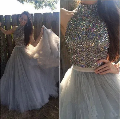 Grey Tulle A-line Halter High Neck Long Prom Dress with Beading,Formal Dress, M164