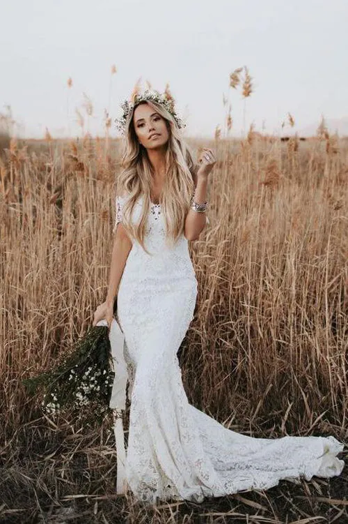 Ivory Lace Rustic Mermaid Illusion Neckline Beach Wedding Dresses, Bridal Dress, SW187