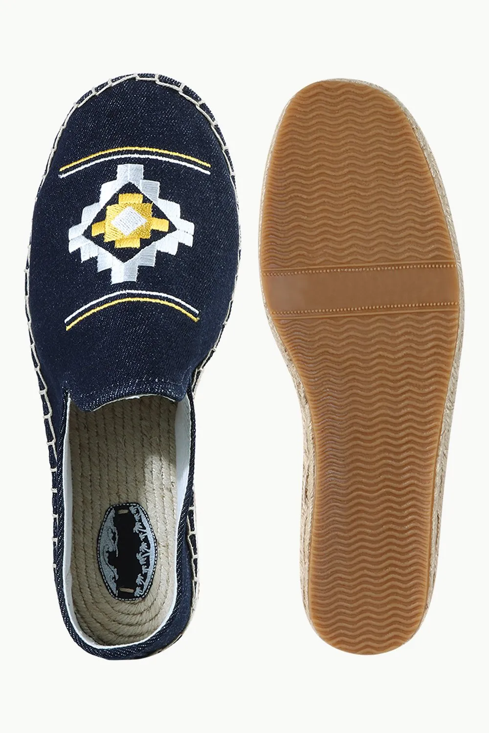 Mens Navy Denim Aztec Embroidered Espadrilles