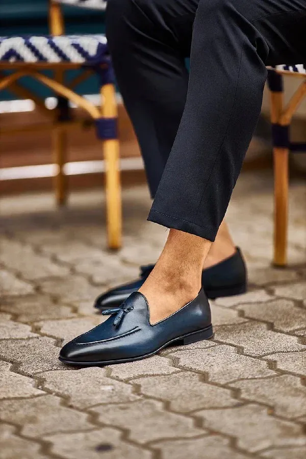 Navy Blue Penny Tassel Loafers - Loafer Shoes