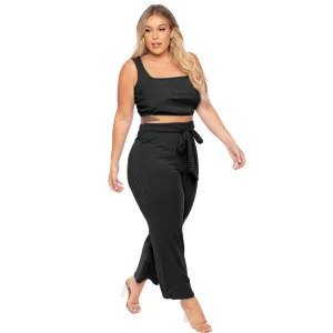 Plus Size Ribbed Crop Top & High Waist Pants Set