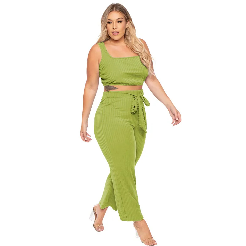 Plus Size Ribbed Crop Top & High Waist Pants Set
