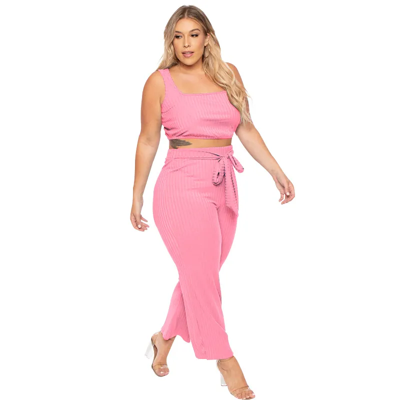 Plus Size Ribbed Crop Top & High Waist Pants Set