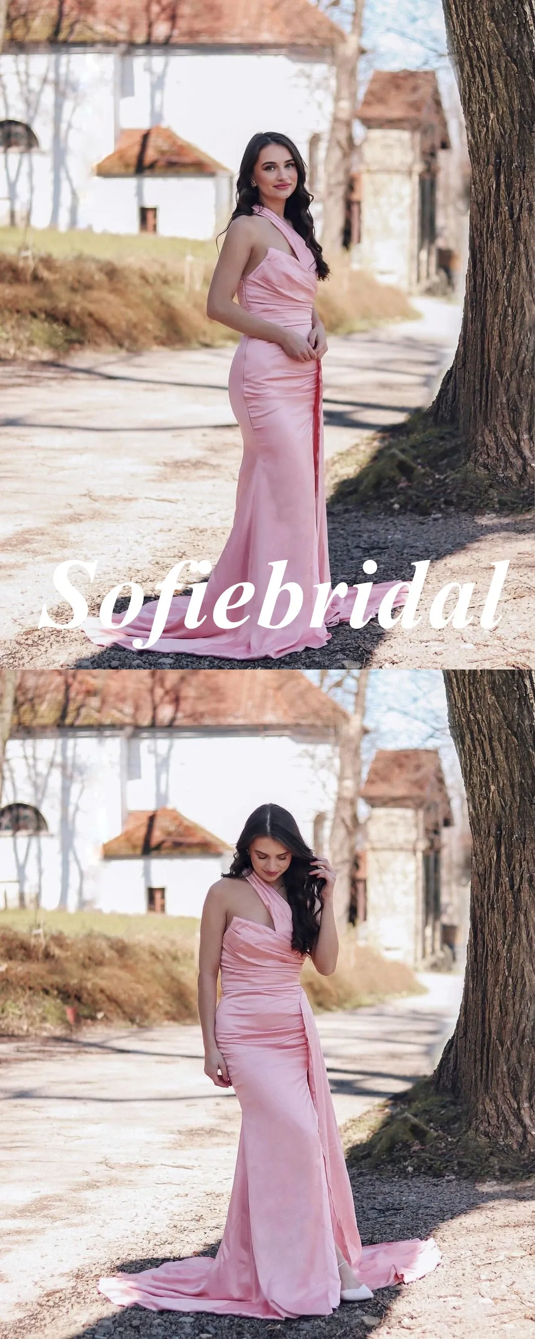 Sexy Soft Satin One Shoulder Sleeveless Side Slit Floor Length Bridesmaid Dresses With Train, SFWG00589