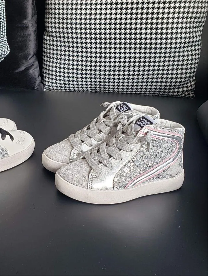 Silver and Pink Hi Top Star Sneakers