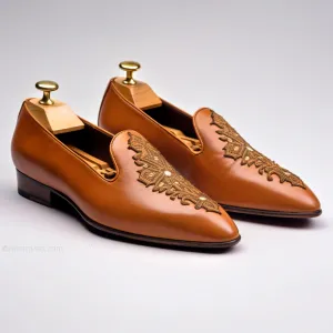 Tan Leather Embroidery Work Peshawari Loafers | Wedding Shoes for Groom | Shoes for Haldi Mehendi Sangeet