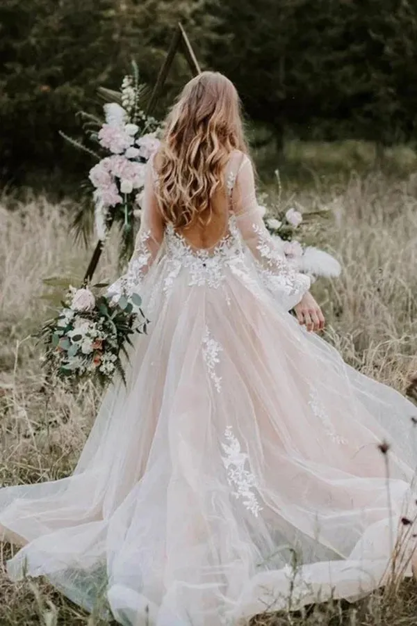 V Neck Long Sleeve Wedding Dress Rustic Wedding Gown WD725