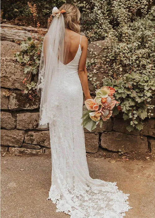 V-neck Spaghetti Straps Beach Wedding Dress,Side Slit Lace Bridal Dress,Prom Dress, SW26