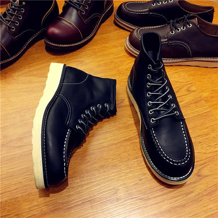Vintage Men Boots Lace-Up Genuine Leather Boots Wing Men Handmade Work Travel Wedding Ankle Boots Casual Fashion Red Boots