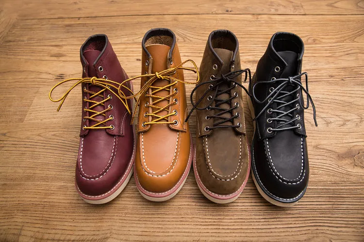 Vintage Men Boots Lace-Up Genuine Leather Boots Wing Men Handmade Work Travel Wedding Ankle Boots Casual Fashion Red Boots