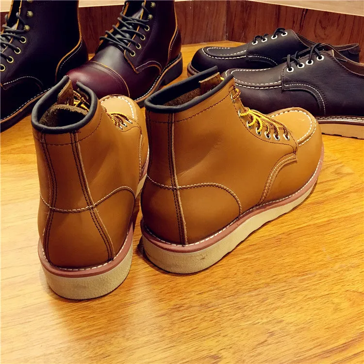 Vintage Men Boots Lace-Up Genuine Leather Boots Wing Men Handmade Work Travel Wedding Ankle Boots Casual Fashion Red Boots
