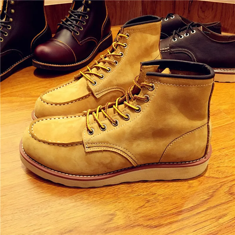 Vintage Men Boots Lace-Up Genuine Leather Boots Wing Men Handmade Work Travel Wedding Ankle Boots Casual Fashion Red Boots