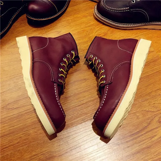 Vintage Men Boots Lace-Up Genuine Leather Boots Wing Men Handmade Work Travel Wedding Ankle Boots Casual Fashion Red Boots