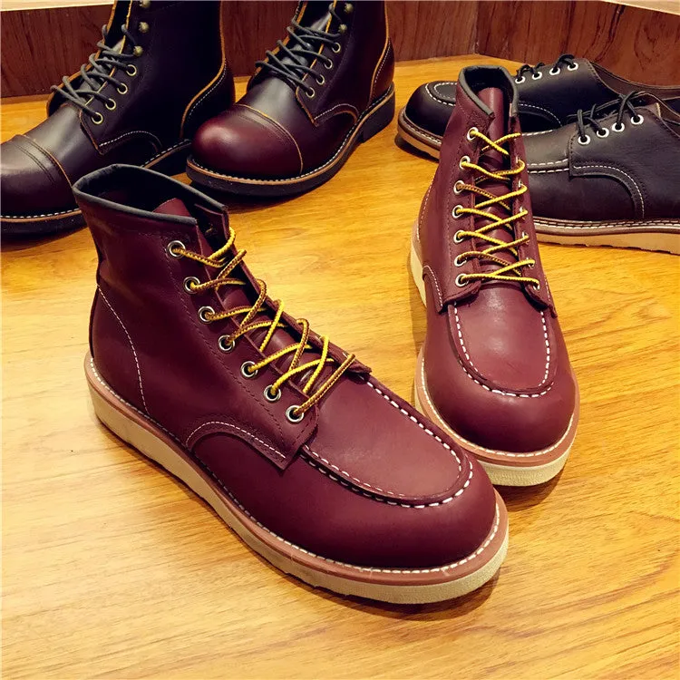 Vintage Men Boots Lace-Up Genuine Leather Boots Wing Men Handmade Work Travel Wedding Ankle Boots Casual Fashion Red Boots
