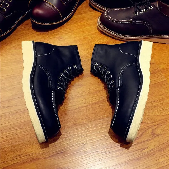 Vintage Men Boots Lace-Up Genuine Leather Boots Wing Men Handmade Work Travel Wedding Ankle Boots Casual Fashion Red Boots
