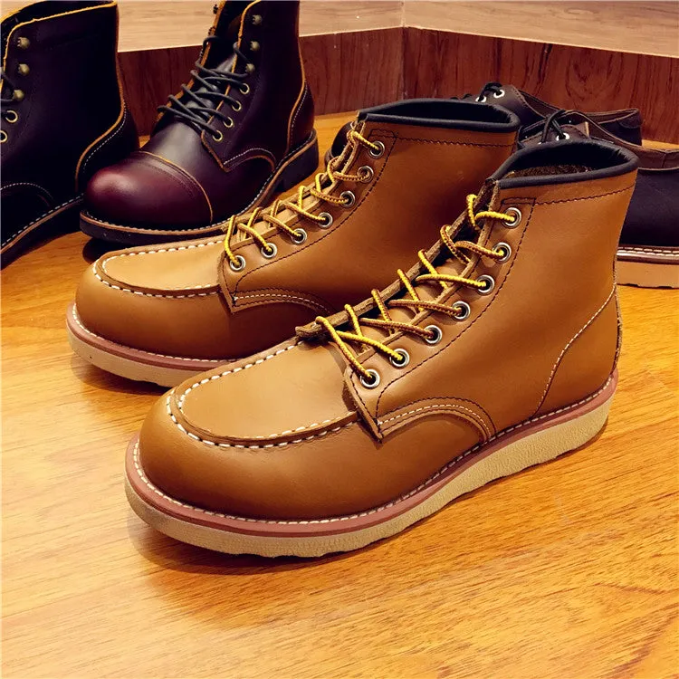Vintage Men Boots Lace-Up Genuine Leather Boots Wing Men Handmade Work Travel Wedding Ankle Boots Casual Fashion Red Boots