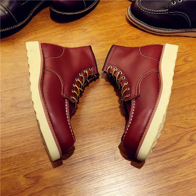 Vintage Men Boots Lace-Up Genuine Leather Boots Wing Men Handmade Work Travel Wedding Ankle Boots Casual Fashion Red Boots