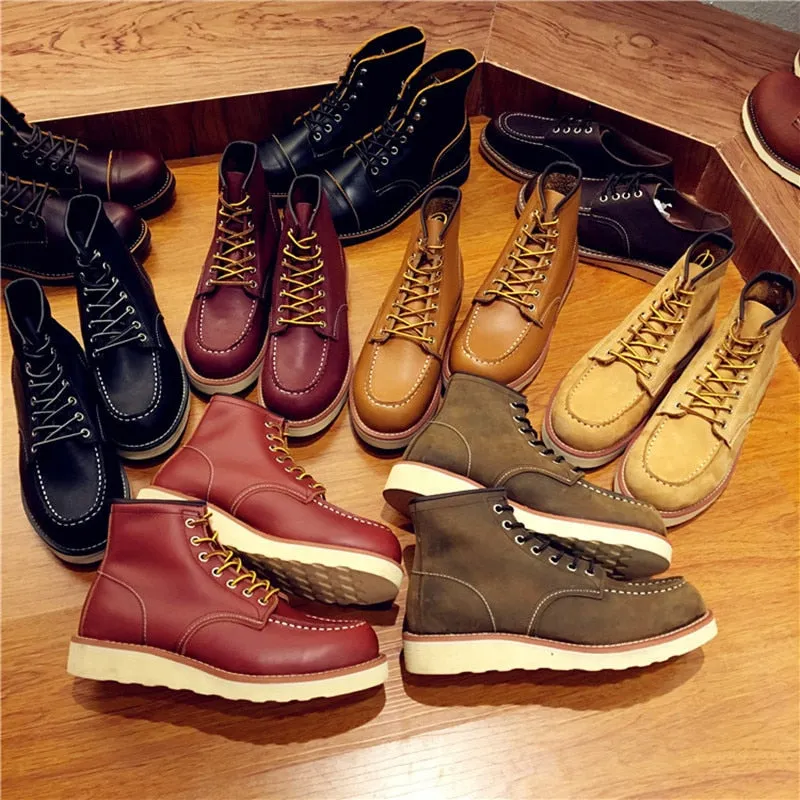 Vintage Men Boots Lace-Up Genuine Leather Boots Wing Men Handmade Work Travel Wedding Ankle Boots Casual Fashion Red Boots