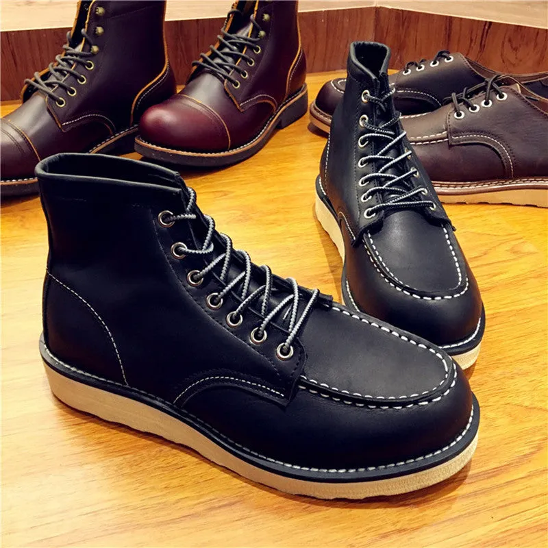 Vintage Men Boots Lace-Up Genuine Leather Boots Wing Men Handmade Work Travel Wedding Ankle Boots Casual Fashion Red Boots