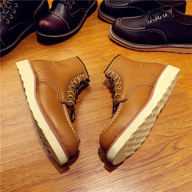 Vintage Men Boots Lace-Up Genuine Leather Boots Wing Men Handmade Work Travel Wedding Ankle Boots Casual Fashion Red Boots