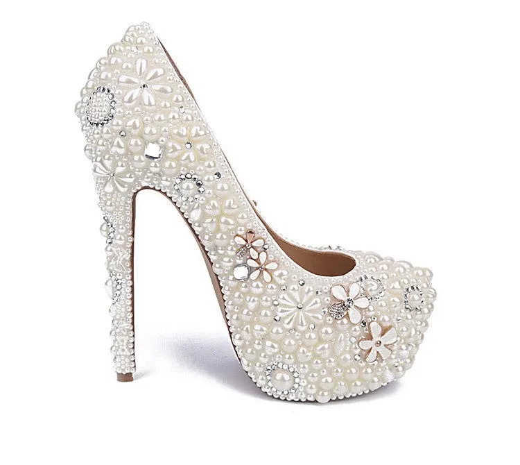White Pearl Wedding Shoes Wholesales New Beautiful Flower Rhinestone Bridal Shoes Platform High Heels Big Size Women Pumps