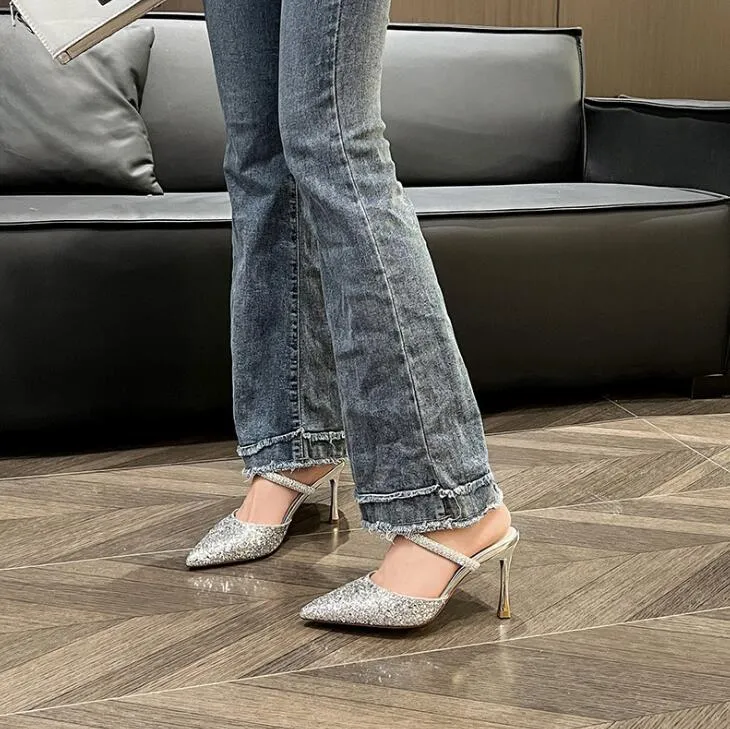 Women's Petite Slip On Glitter Upper Heeled Shoes MS567